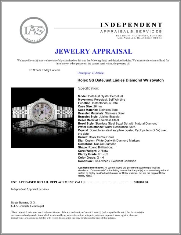 Rolex SS DateJust Ladies Diamond Wristwatch