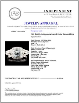 14K Gold 1.43ct Aquamarine & 0.33ctw Diamond Ring