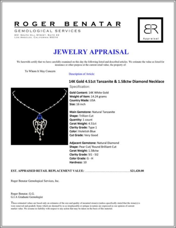 14K Gold 4.51ct Tanzanite & 1.58ctw Diamond Neckla