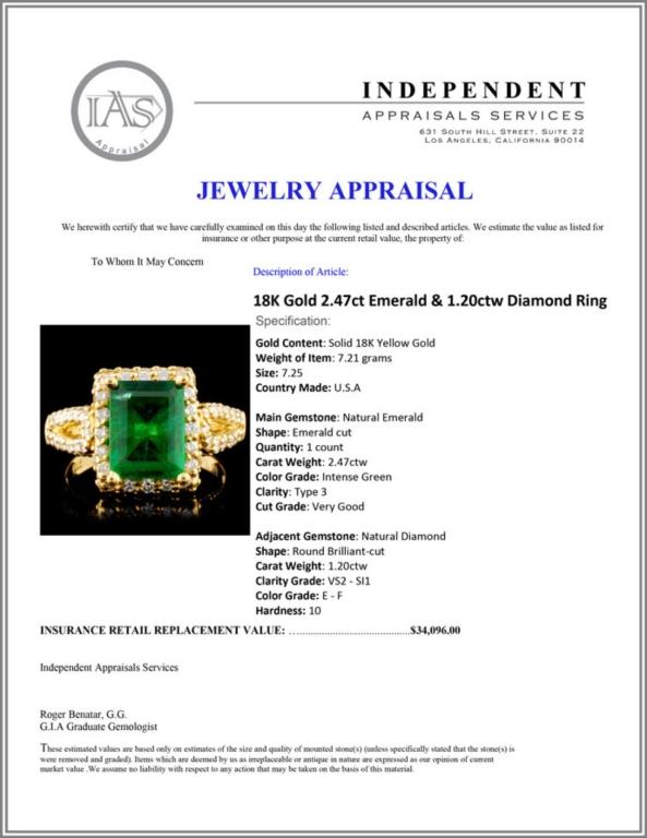 18K Gold 2.47ct Emerald & 1.20ctw Diamond Ring
