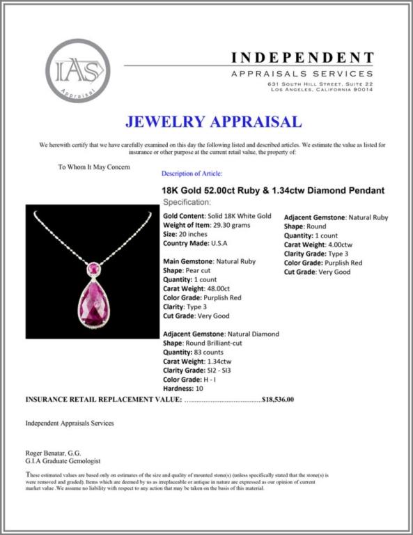 18K Gold 52.00ct Ruby & 1.34ctw Diamond Pendant