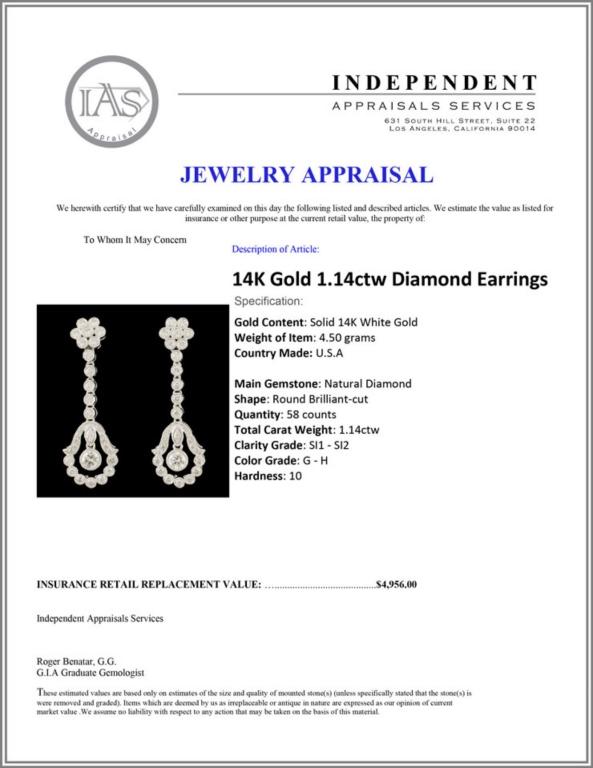 14K Gold 1.14ctw Diamond Earrings