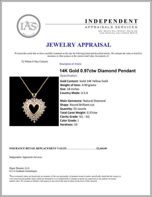 14K Gold 0.97ctw Diamond Pendant