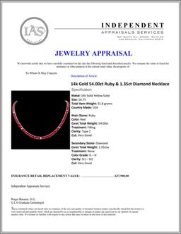 14k Gold 54.00ct Ruby & 1.35ct Diamond Necklace