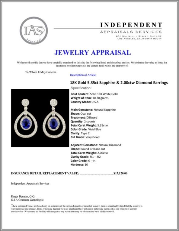 18K Gold 5.35ct Sapphire & 2.00ctw Diamond Earring