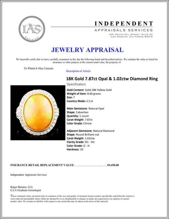 18K Gold 7.87ct Opal & 1.02ctw Diamond Ring