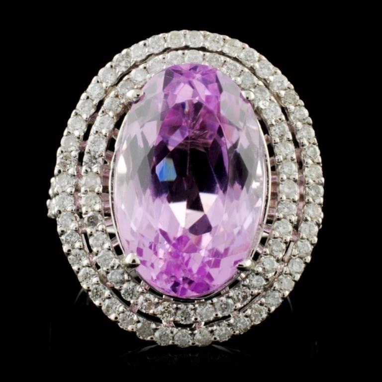 14K W Gold 9.84ct Kunzite & 0.96ct Diamond Ring