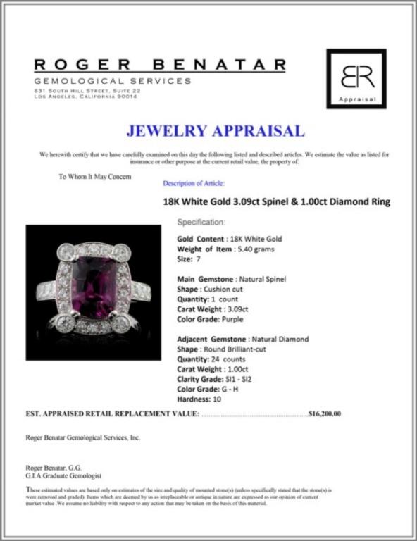 18K White Gold 3.09ct Spinel & 1.00ct Diamond Ring