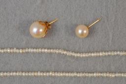 15-1/2" Akoya Saltwater Pearl Necklace Choker Style W/ Sterling Class & (2) Studs W/ Pearls Mounted