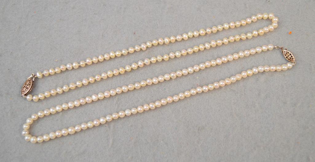 (2) 16"length Freshwater Pearl Necklaces Choker Style Length & Sterling Silver Clasps