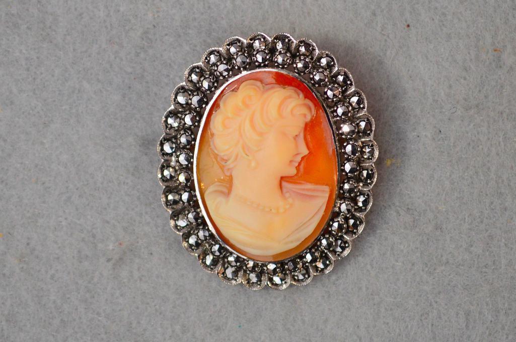 Shell Cameo Sterling Bezel W/ Marchosite, & Shell Cameo