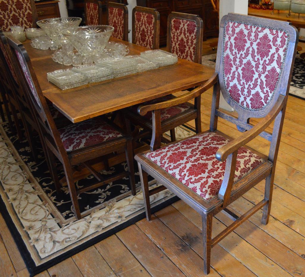 Mission Oak Trustle Table,(8) Chairs & Captian Chairs Upholstered Seats & Backs