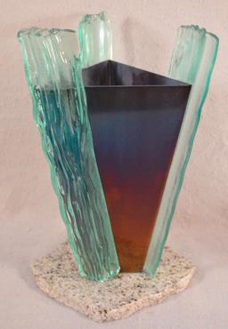 Nancy Mee, Hand Made Vase W/ Original Glazed Ceramic Liner & Stone Base
