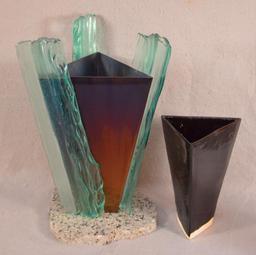 Nancy Mee, Hand Made Vase W/ Original Glazed Ceramic Liner & Stone Base