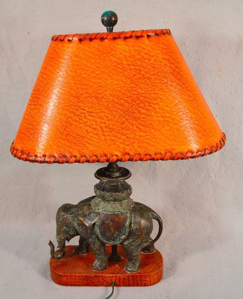 23" Maitland-smith Bronze Elephant Table Lamp W/ Leather Shade & Base