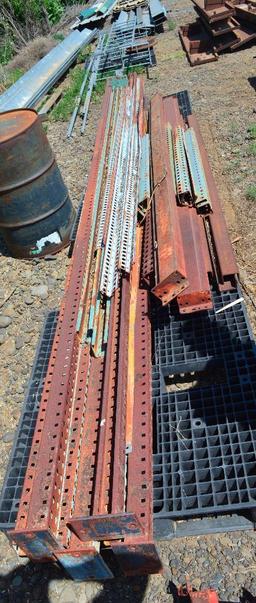 Lot of Steel Pallet Rack Uprights Shelf Rails Etc. AS IS.