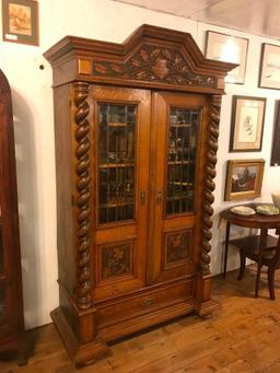 German Solid Oak Barley Twist leaded glass bookcase or china cabinet, c1900