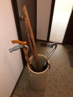 21-1/2" Stoneware Umbrella Stand (2) Walking Sticks (3) Canes and (1) Walker