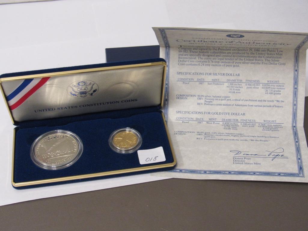 1987 Uncirculated 2 coin Constitution Commemorative Set ($5.00 gold coin and $1.00 Silver coin)