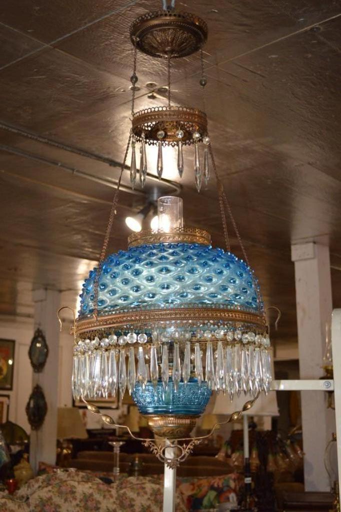 Blue Hobnail Victorian Antique Brass and Glass Hanging Oil Lamp Chandelier Library Parlor