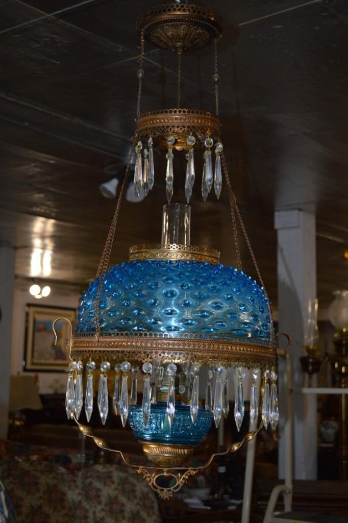 Blue Hobnail Victorian Antique Brass and Glass Hanging Oil Lamp Chandelier Library Parlor