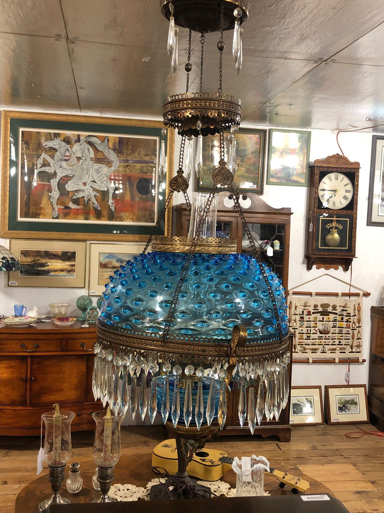 Blue Hobnail Victorian Antique Brass and Glass Hanging Oil Lamp Chandelier Library Parlor