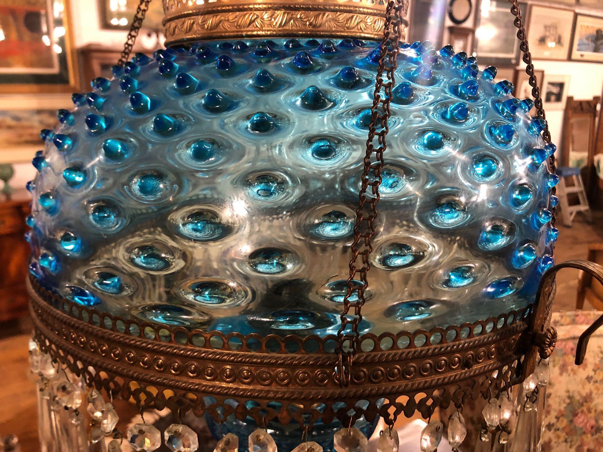 Blue Hobnail Victorian Antique Brass and Glass Hanging Oil Lamp Chandelier Library Parlor