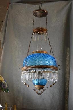 Blue Hobnail Victorian Antique Brass and Glass Hanging Oil Lamp Chandelier Library Parlor