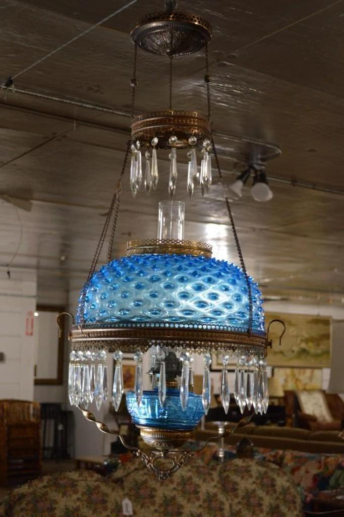 Blue Hobnail Victorian Antique Brass and Glass Hanging Oil Lamp Chandelier Library Parlor