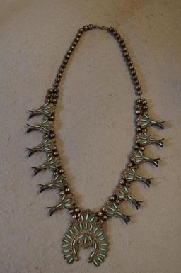 M.P. PEYNESTA Sterling Silver & Turquoise Squash Blossom Style Necklace w/ Matching Earrings