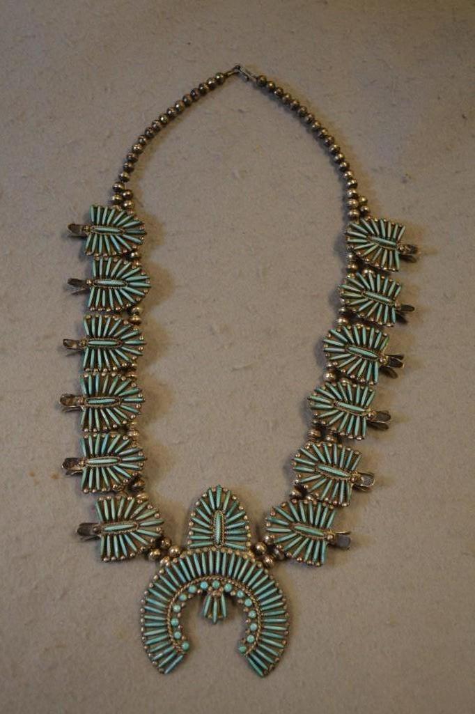 M.P. PEYNESTA Sterling Silver & Turquoise Squash Blossom Style Necklace w/ Matching Earrings