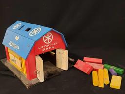 (1) Vintage Playskool Lock-Up Barn w/ Blocks, (1) Fisher-Price Tumbler Tower & (1)Chatter Telephone