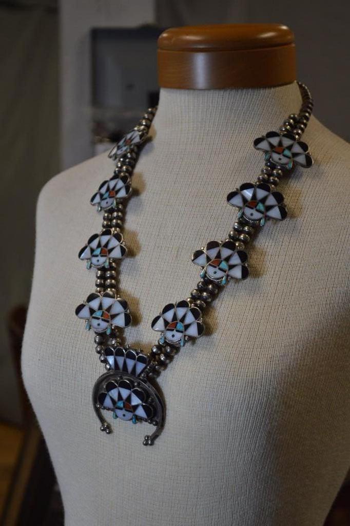 WM.ZUNIE Sterling Silver Zuni & Squash Blossom Necklace