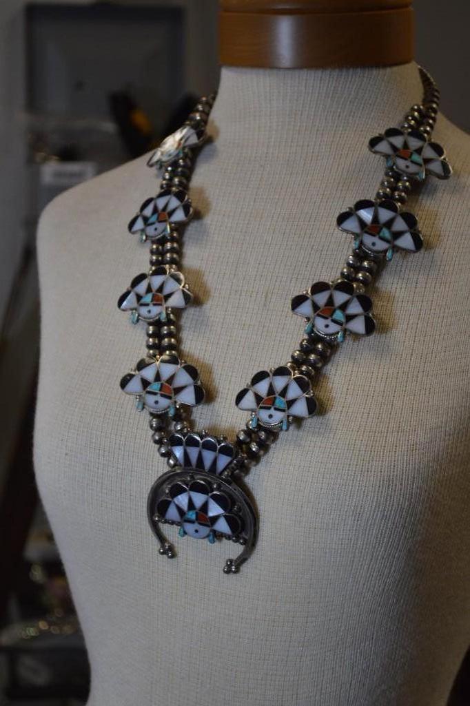 WM.ZUNIE Sterling Silver Zuni & Squash Blossom Necklace