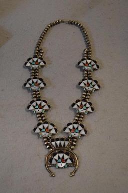 WM.ZUNIE Sterling Silver Zuni & Squash Blossom Necklace