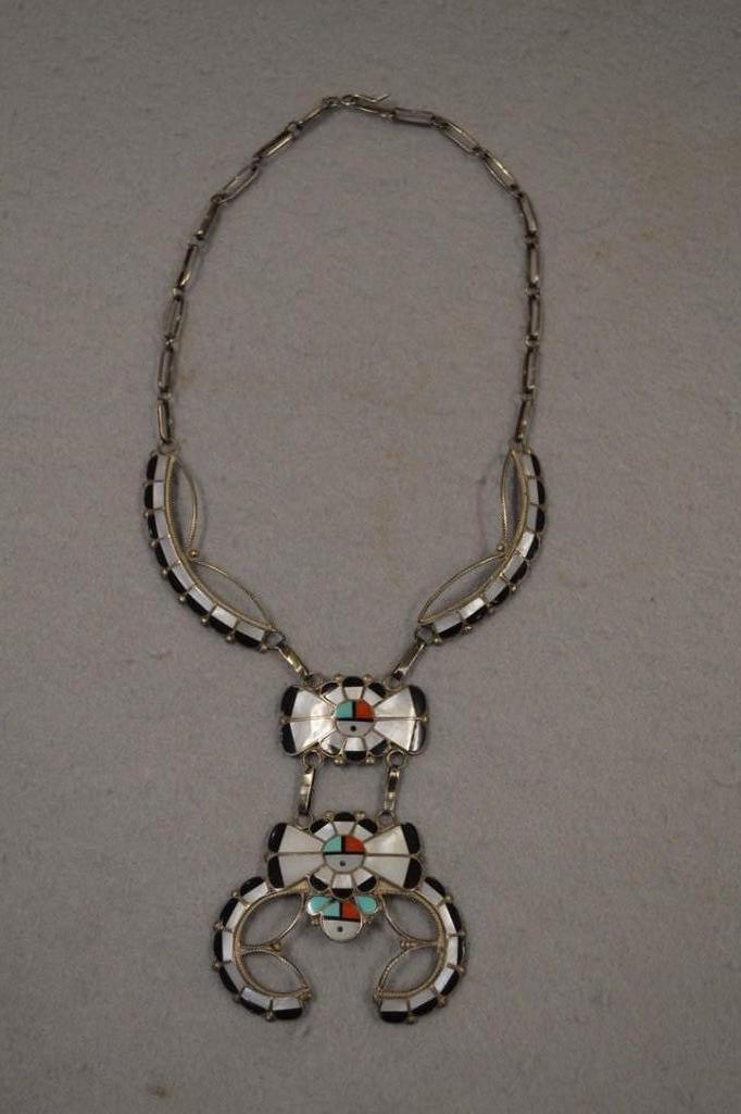 Juan & Charlene Chico Zuni N.M Sterling Silver Zuni & Squash Blossom Style Necklace