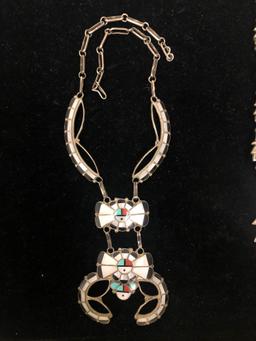 Juan & Charlene Chico Zuni N.M Sterling Silver Zuni & Squash Blossom Style Necklace