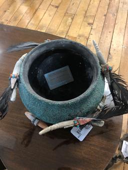 Lena Leeke (Zuni) Traditional Fetish Bowl Covered w/ Crushed Turquoise