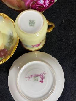 (T&V)Tressemanes & Vogt Limoges France Chocolate Pot w/ (2) Cups and Saucers Hand Painted