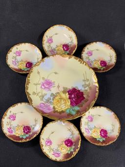 Signed (T&V) Tressemanes & Vogt Limoges France Cake Plate w/ (6) Dessert Plates