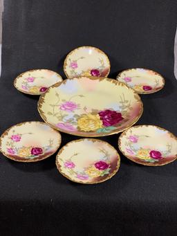 Signed (T&V) Tressemanes & Vogt Limoges France Cake Plate w/ (6) Dessert Plates