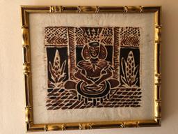 Framed Tappa Cloth Depicting Samoan 14" x 16-1/2"