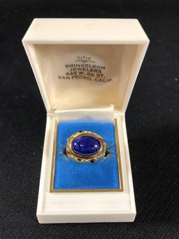 14k yellow gold, Men's Blue Lapis ring with 8 Chalcedony cabochons