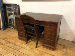 Maple Leather Top Writing Desk w/ Needle Point Upholstered Chair