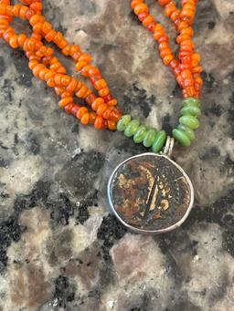 Antique coral 3 strand necklace w/unknown pendant