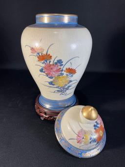 Japanese Satsuma Ginger Jar w/ Stand Marked On Base 16-1/2"h