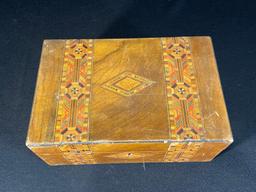 Antique Tunbridge Ware Jewelry box w/ Late Victorian Marquetry Inlay