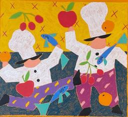 Nancy Coffelt "Apples, Oranges, Cherry Pie, 1 Fish, 2 fish, Fresh Fish Fry" oil pastel painting