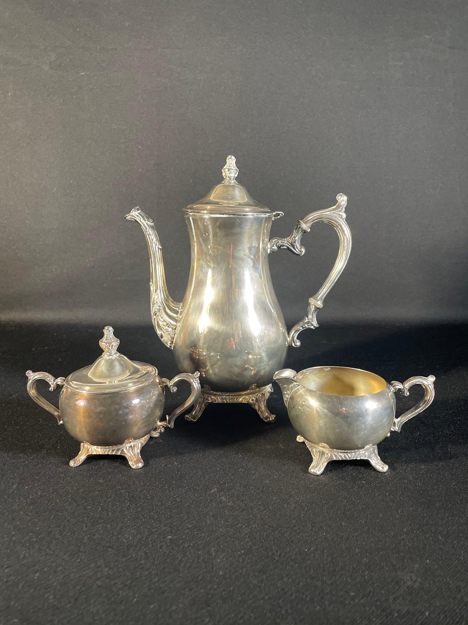 Antique WM Rogers 800 silver tea/ coffee kettle w/ cream & sugar set