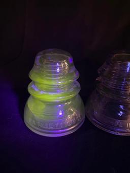 Pair of Uranium electrical Insulators & (1) clear insulator